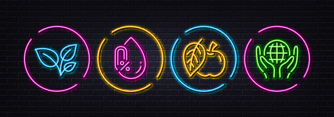 Apple, No alcohol and Leaves minimal line icons. Neon laser 3d lights. Organic tested icons. For web, application, printing. Fruit, Mineral oil, Grow plant. Safe nature. Neon lights buttons. Vector