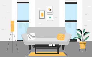 Home interior concept. Room decoration, gray sofa and yellow carpet, lamps, plant. Abstract paintings on walls, black table with candles. Fashion designer project. Cartoon flat vector illustration