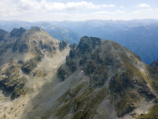 Fototapeta premium Aerial view of Rila Mountain around Lovnitsa peak, Bulgaria