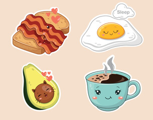 Kawaii breakfast stickers set. Collection of graphic elements for website. Avocado, mug of coffee or tea, scrambled eggs and bacon toast. Cartoon flat vector illustrations isolated on white background
