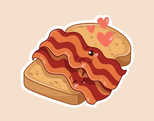 Kawaii toast with bacon. Good morning and breakfast. Cute character, protein and carbohydrates. Healthy food and nutrition. Sticker for social networks and messengers. Cartoon flat vector illustration