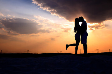 sinueta sunset couple in love, romantic, love, loving couple, romance, intimacy, passion, attraction
