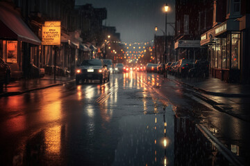 Fototapeta na wymiar city street, night time, dark, raining , ai art illustration 