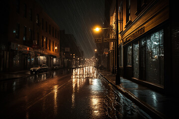 Naklejka na ściany i meble city street, night time, dark, raining , ai art illustration 