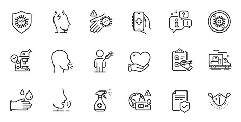Outline set of Insurance policy, Medical cleaning and Volunteer line icons for web application. Talk, information, delivery truck outline icon. Vector