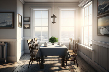 painting of a dining room with a view of the ocean, ai art illustration 