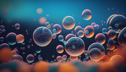Obraz na płótnie Canvas A magical bokeh background of colorful bubbles floating in the air with a blue sky in the background AI Generated