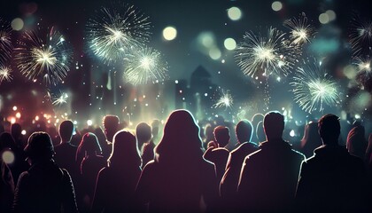 Obraz na płótnie Canvas A dazzling bokeh background of sparkling fireworks in the night sky with a crowd of people in the foreground AI Generated
