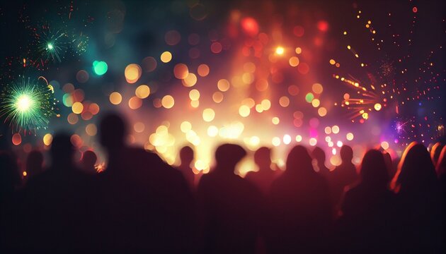 A dazzling bokeh background of sparkling fireworks in the night sky with a crowd of people in the foreground AI Generated
