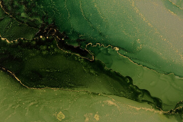 Green Watercolor and Alcohol ink marble texture. Art Abstract painting blots horizontal background.