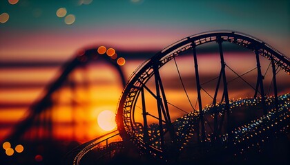 An exciting bokeh background of a rollercoaster with a colorful sunset in the background AI Generated