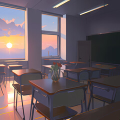 empty anime classroom at sunset