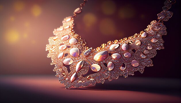 A luxurious bokeh background of a glittering diamond necklace with a soft pink and gold gradient AI Generated