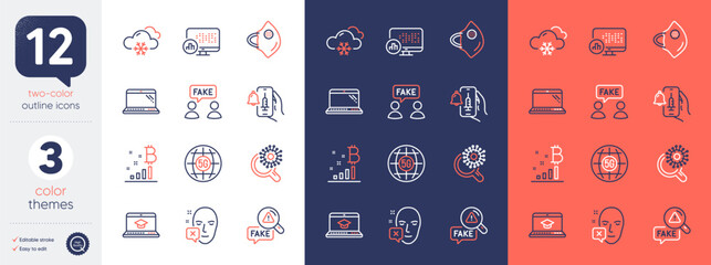 Set of Medical mask, Report statistics and 5g internet line icons. Include Face declined, Fake information, Bitcoin graph icons. Coronavirus research, Website education, Laptop web elements. Vector