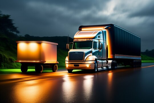 Truck and highway at sunset at Night Rainy evening delivery goods - transportation background American style truck on freeway pulling load. Transportation theme. Road cars theme.