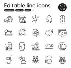 Set of Business outline icons. Contains icons as Water cooler, Medical drugs and Scroll down elements. Fireworks, Face accepted, Toilet paper web signs. 24h service, Leaf dew. Vector