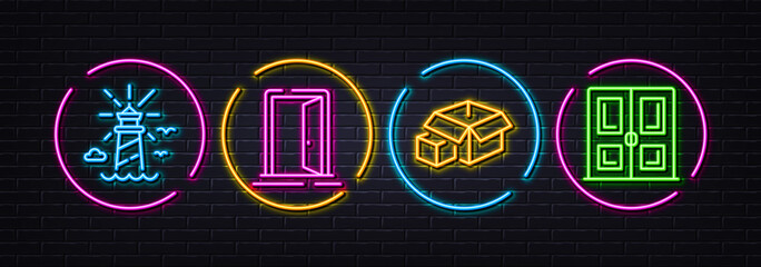 Open door, Packing boxes and Lighthouse minimal line icons. Neon laser 3d lights. Door icons. For web, application, printing. Entrance, Delivery package, Navigation beacon. Neon lights buttons. Vector