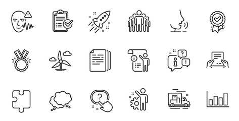 Outline set of Startup rocket, Puzzle and Copy documents line icons for web application. Talk, information, delivery truck outline icon. Include Honor, Speech bubble, Manual doc icons. Vector