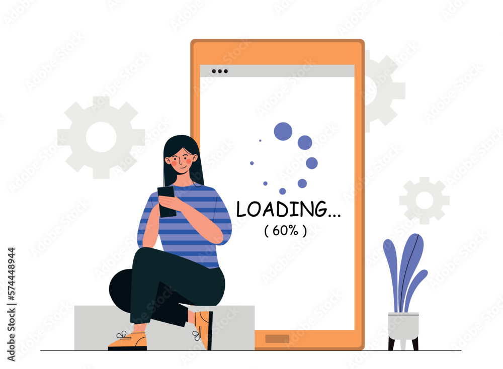 Poster application loading concept. woman with smartphone downloads files, updates operating system and pro