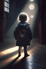 Kind mit Rucksack allein in der Schule - obrazy, fototapety, plakaty