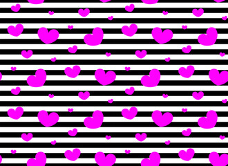 Pink heart confetti seamless pattern on striped background