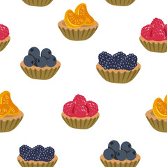 seamless pattern of isolated image of shortbread basket cake with fruits. blueberry, blackberry, raspberry and tangerine filling. flat style color vector illustration.food pattern collection