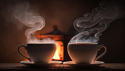 Steam from a cups with a hot cocoa on the fireplace background generative ai