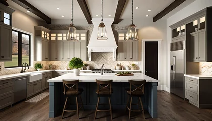 Foto op Canvas Traditional kitchen in beautiful new luxury home with hardwood floors, wood beams, and large island quartz counters. Includes farmhouse sink, elegant pendant lights, and large windows generative ai © 3D Station