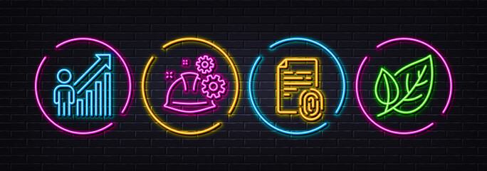 Working process, Fingerprint and Employee result minimal line icons. Neon laser 3d lights. Leaf icons. For web, application, printing. Engineer helmet, Document secure, Business growth. Vector