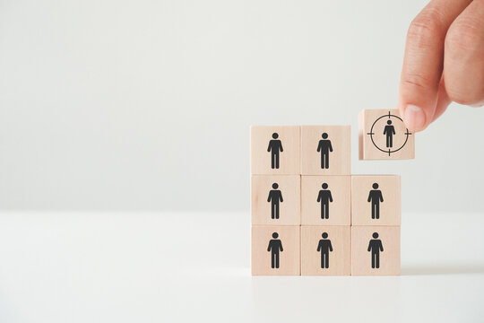 Target Customer, Buyer Persona, Marketing Segmentation, Job Search, Job Recruitment Concept. Personalization Marketing, Customer Centric Strategies. Wooden Cube Blocks Focused On Target Customer.