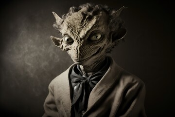 Alien in teddy boys style, studio lighting, neutral background, concept of Moody Atmosphere and Retro Aesthetic, created with Generative AI technology