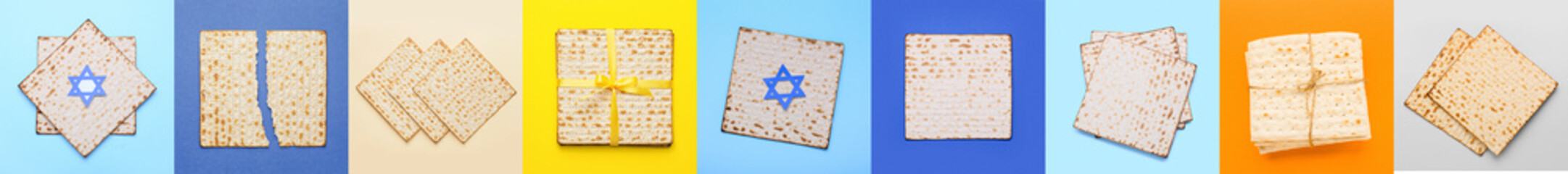 Collage with Jewish flatbread matza on color background