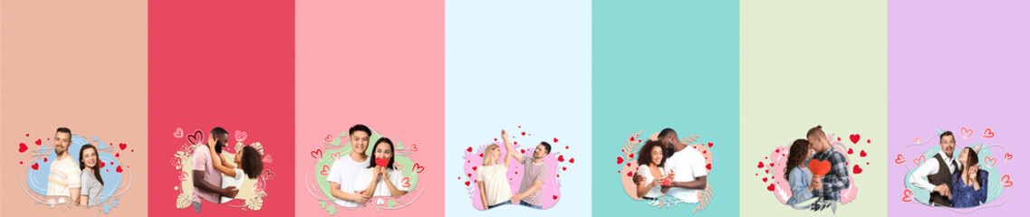 Collage with happy couples in love on color background. Valentine's Day celebration
