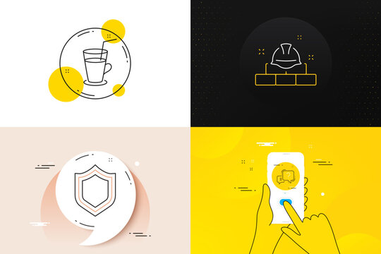Minimal set of Cocktail, Security and Question mark line icons. Phone screen, Quote banners. Construction bricks icons. For web development. Fresh beverage, Protection shield, Quiz chat. Vector