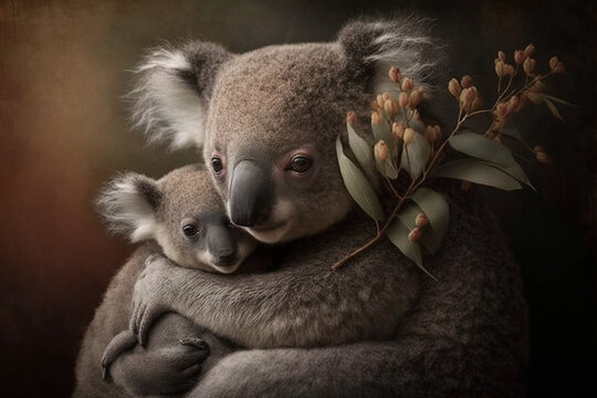 Adult mother Australian koala bear cradling her baby, generative Ai