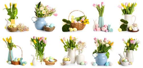 Set of beautiful flowers, Easter eggs and decor on white background