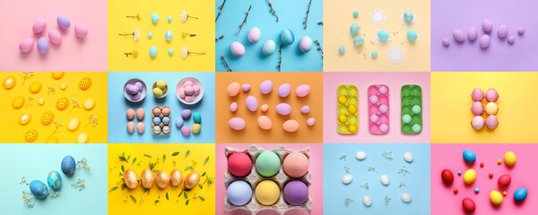 Collage with beautiful Easter eggs on color background