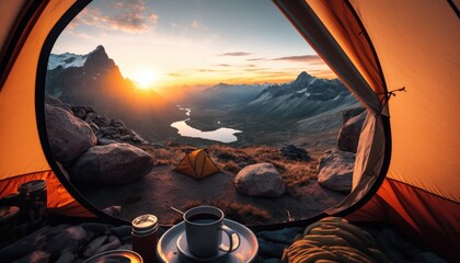 Magnificent view of the sunrise from the campsite on the peak, savoring a delicious breakfast, AI generative