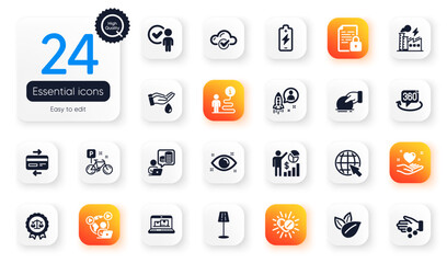 Set of Business flat icons. Wash hands, Video conference and Bike elements for web application. Web inventory, Hold heart, Internet icons. Cloud computing, Battery charging. Vector