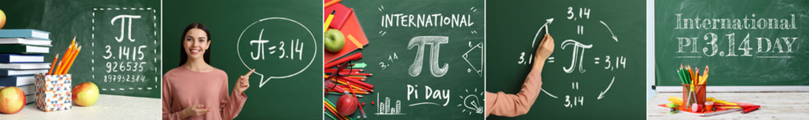 Collage with school stationery and blackboards in classroom. International Pi Day