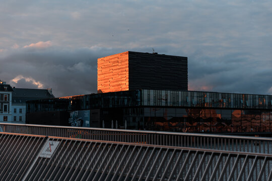 Black Diamond, S&oslash;ren Kierkegaards Plads, Copenhagen, Denmark at sunset