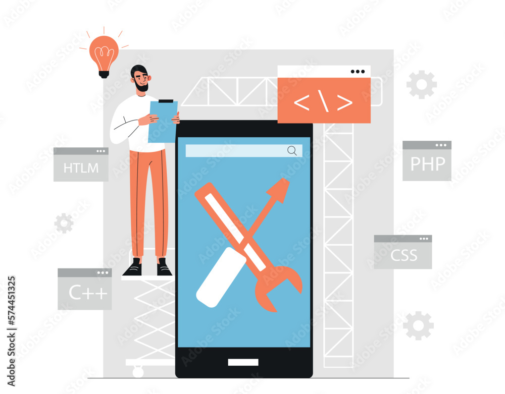Poster man application developer professional. male programmer near smartphone. it specialist and technical
