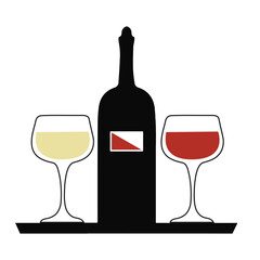 A bottle of wine and two wine glasses, white and red vector icon