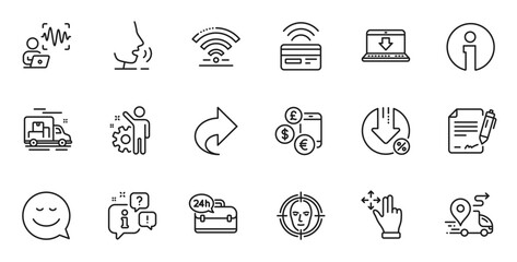 Outline set of Voice wave, Smile and 24h service line icons for web application. Talk, information, delivery truck outline icon. Include Currency rate, Employee, Signing document icons. Vector