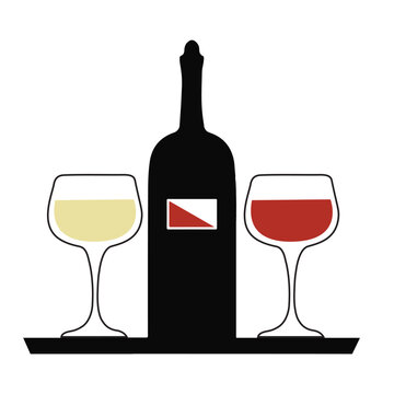 A bottle of wine and two wine glasses, white and red vector icon