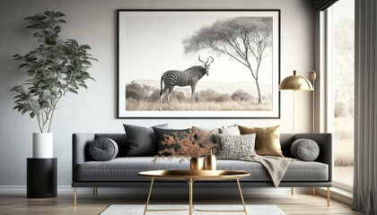 Modern home interior with golden accents, picture on the wall, Scandinavian style. Generative ai