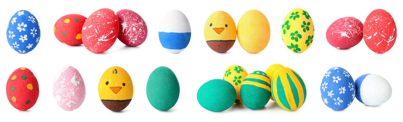 Set of many bright Easter eggs on white background