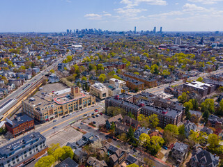 Porter Square aerial view on Massachusetts Avenue at Somerville Avenue in spring in city of Cambridge, Massachusetts MA, USA.  - obrazy, fototapety, plakaty