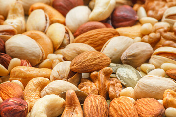 Different types of nuts and seeds, photo with selective focus. Peeled walnut, hazelnuts, peeled peanut, pine nut kernels, almond seeds, cashew seeds, pistachio nuts in the shell, pumpkin seeds
