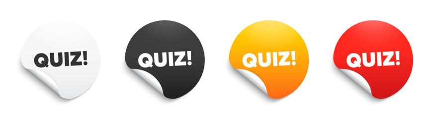 Quiz text. Round sticker badge with offer. Answer question sign. Examination test symbol. Paper label banner. Quiz adhesive tag. Vector